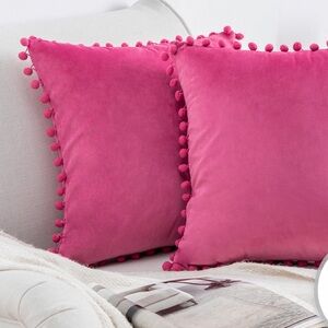 2 Pom Pom Velvet Cushion pillow covers and insert hot pink